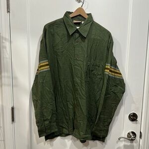 Plywood Green Button Front Shirt with Striped Sleeves